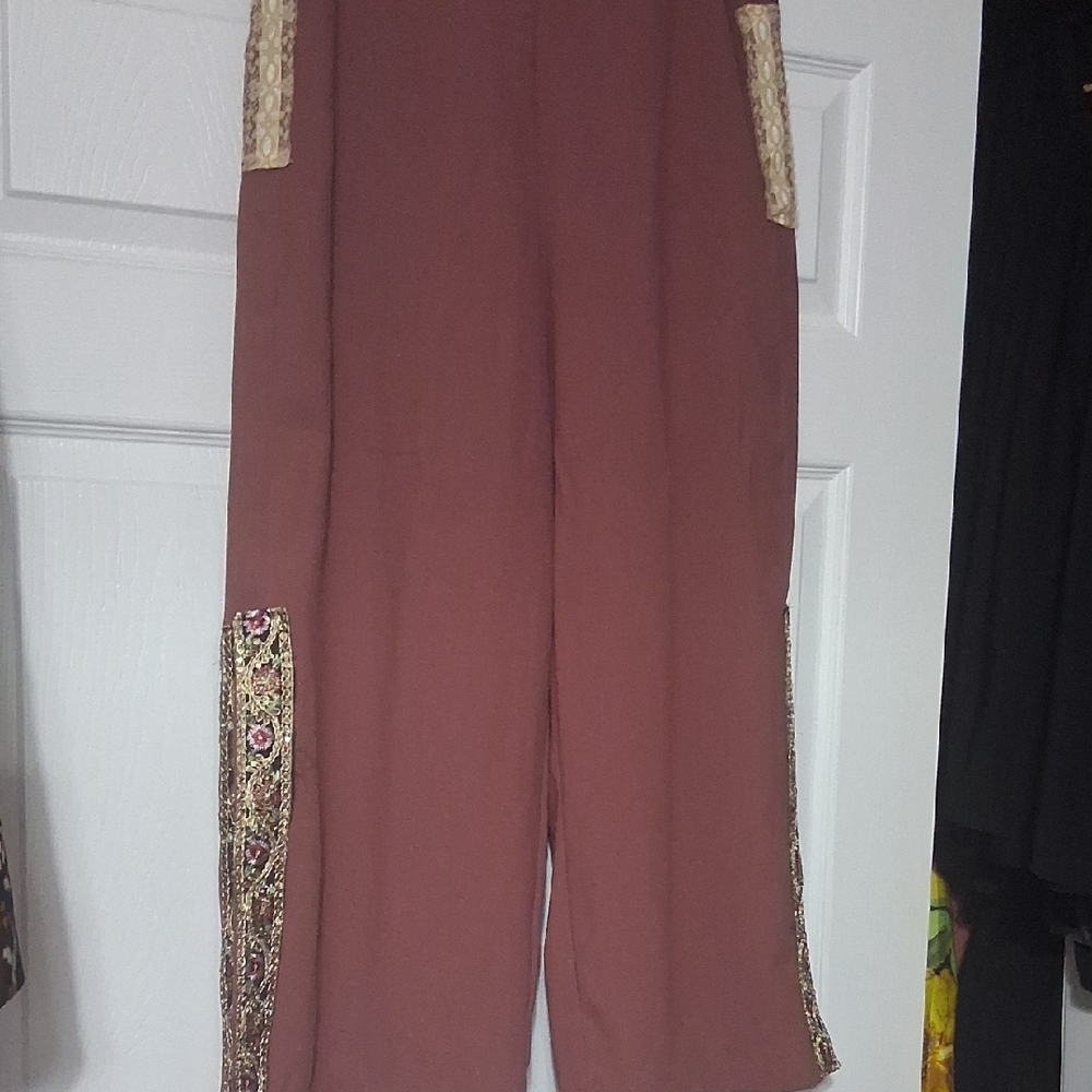 Wishlist Wide-Leg Pants with Embroidered Trim - Rust Brown